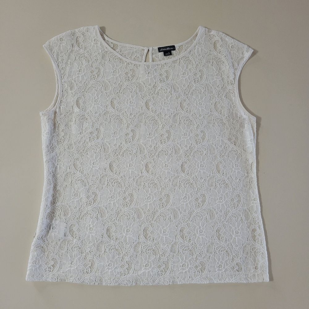 Eddie Bauer Women's Ivory Lace Cap Sleeve Pullover Top